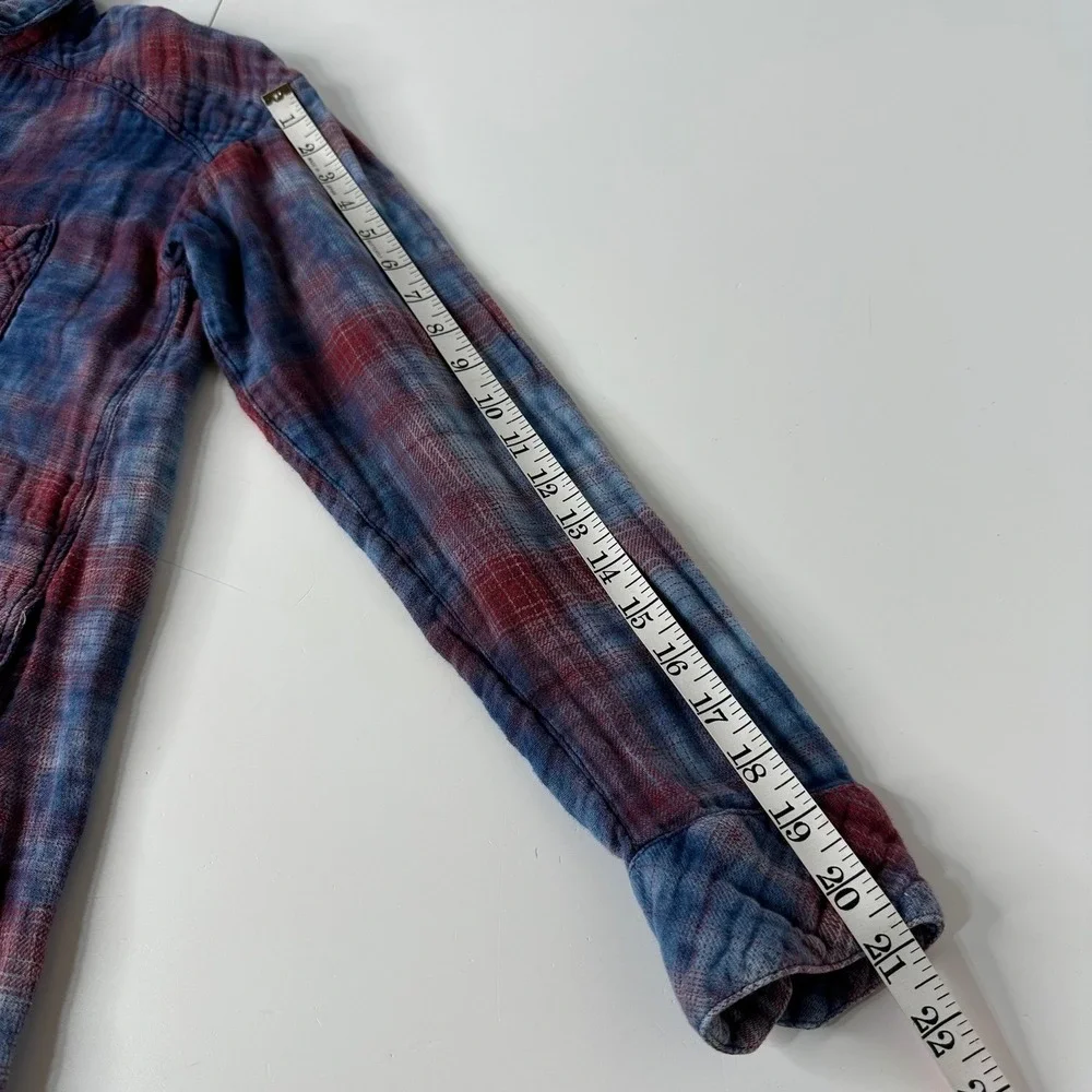 Free People Oversized Double Dip Plaid Shirt Blue Red‎ Button Up Gauzy Sz XS